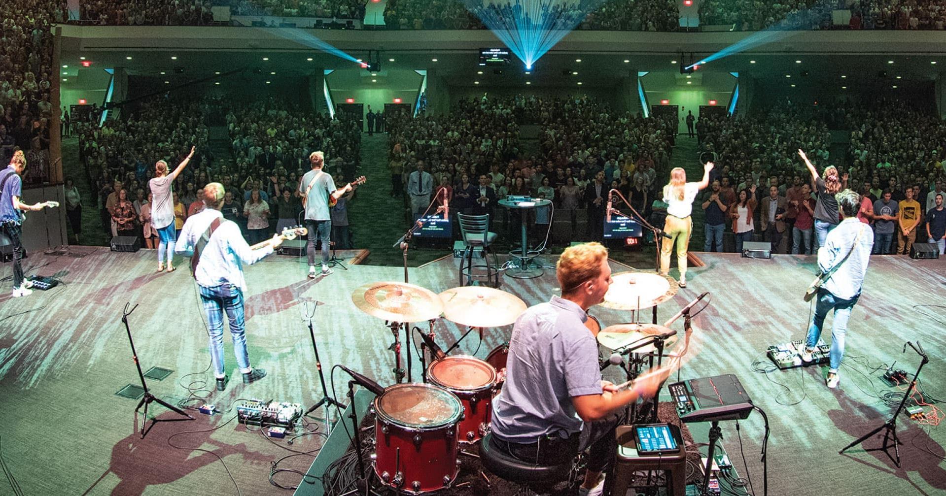 Worship in chapel shown from back of stage